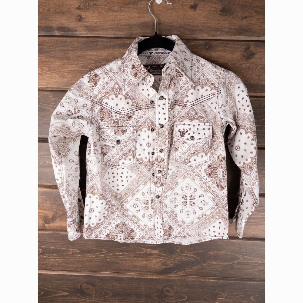 Cowboy Hardware Youth Western Shirt XS 5 Khaki Bandana Snap Front Brown